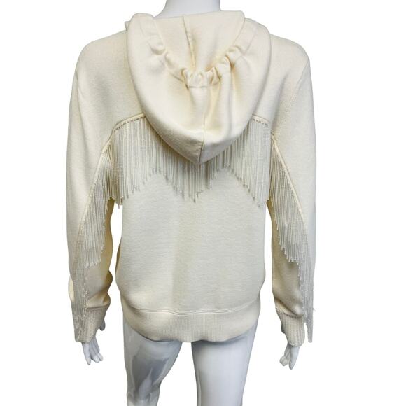 KOBI HALPERIN White Wool Blend Reta Beaded Fringe Trim Hooded Zip Up Sweater M - Picture 3 of 5